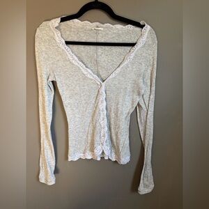 Intimately Free People Ribbed Lace-Trim Long Sleeve Top - Light Gray